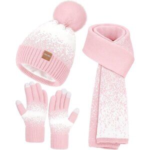 Women's Pink White Winter Beanie Hat Scarf Gloves Set Pom Warm Christmas Gift